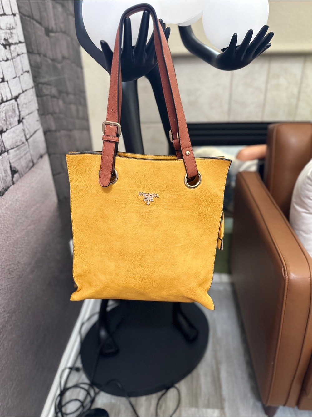 Prada Yellow Shoulder Tote with Brown Straps